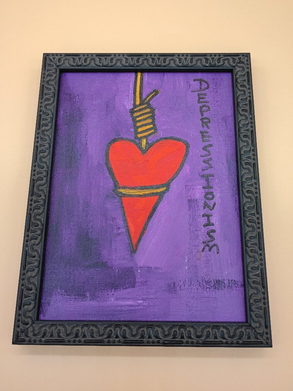 Small Framed Painting "Depressionism" Emo Goth Heart Purple Red Y2K